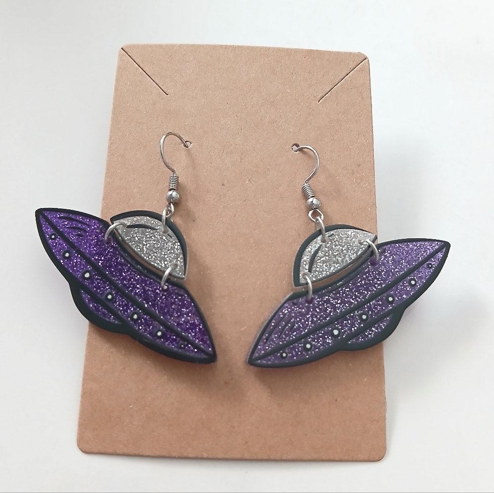 Fashion Jewelry Glittering Purple and Silver Earrings Spaceship